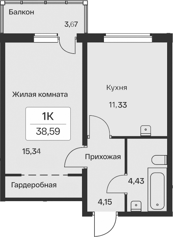 1-комнатная квартира 38.59 м², 11/11 эт., ЖК «Расцветай в Янино»